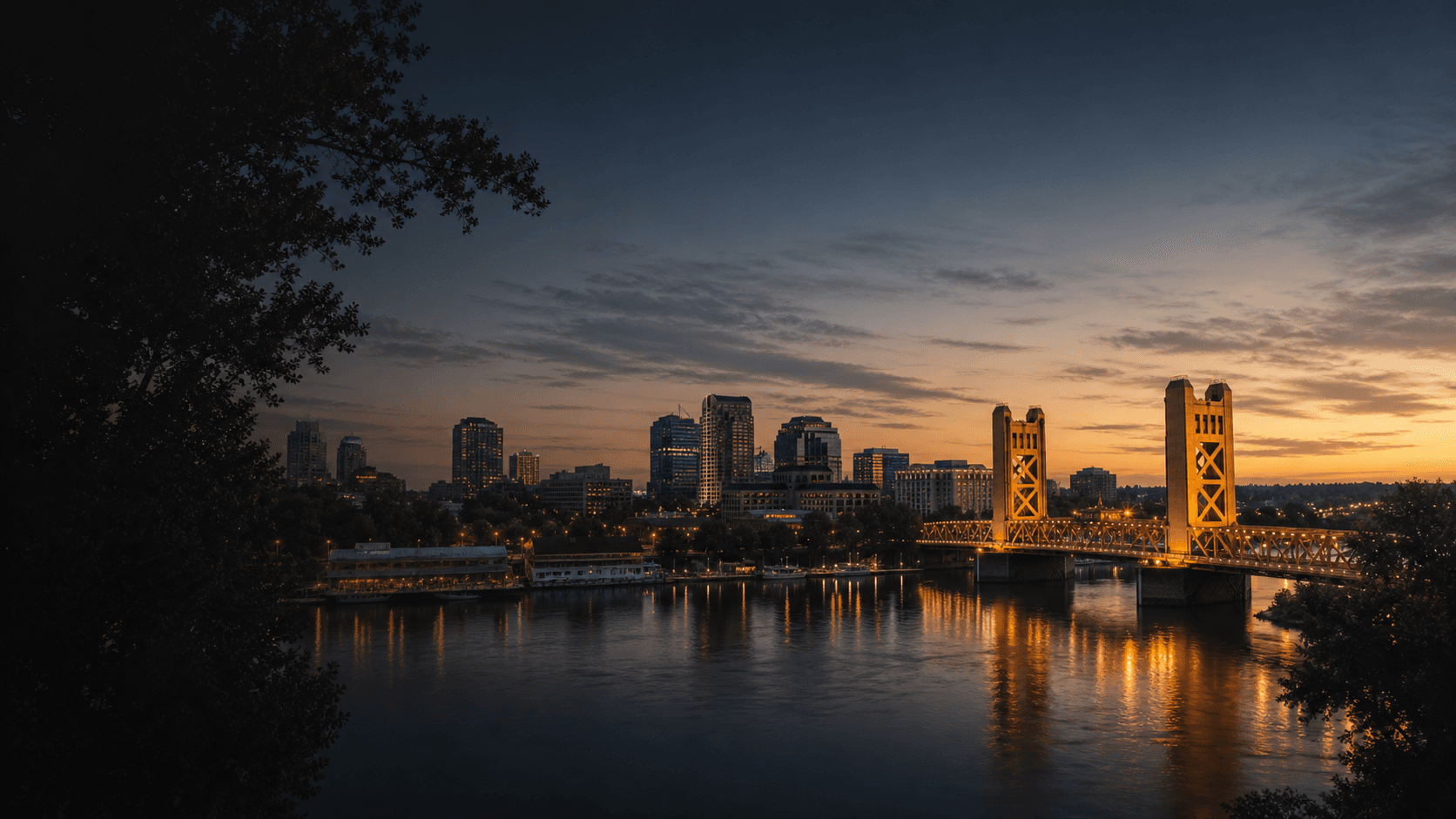 Sacramento skyline and Tower Bridge at twilight