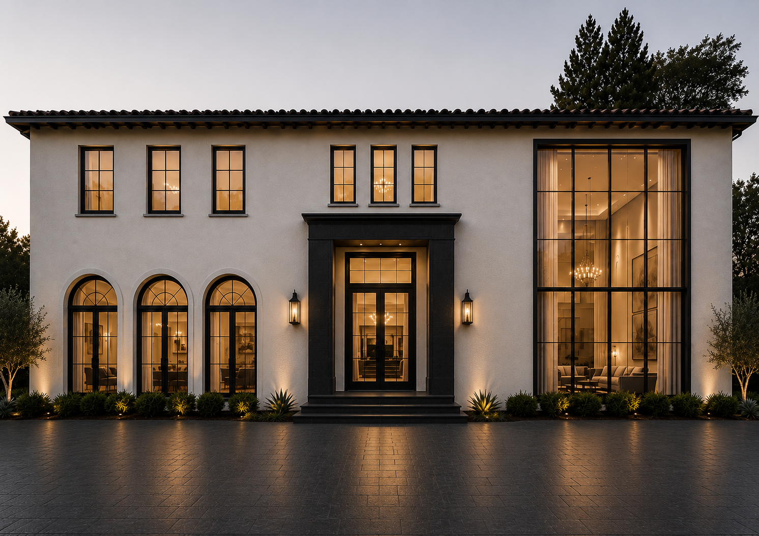 Luxury estate exterior at twilight with warm interior lighting